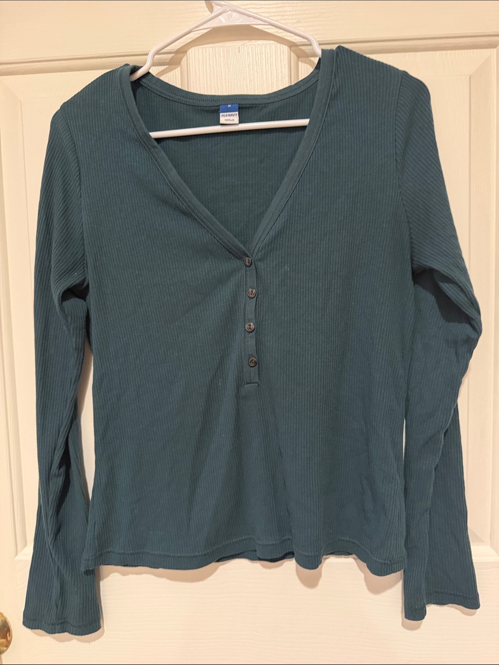 Classic Ribbed Henley Long Sleeve Top - Dark Green